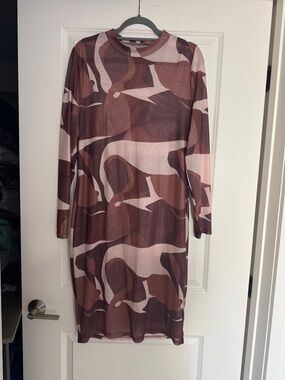 SHEIN Women’s Long Sleeve Abstract Print Dress - Mauve/Brown